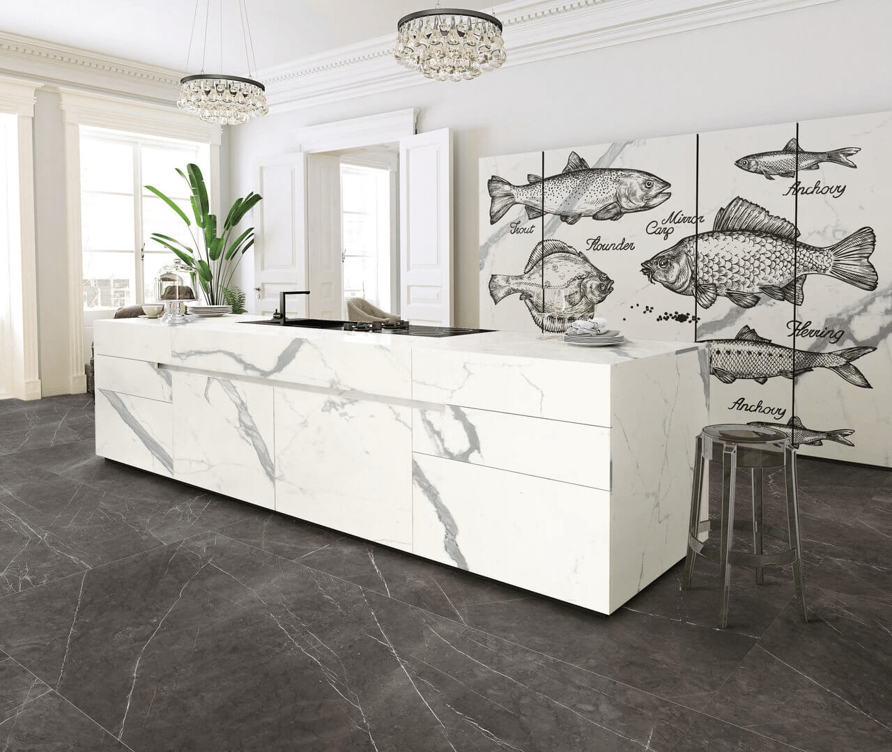 White marble-look tiled kitchen island with integrated appliances