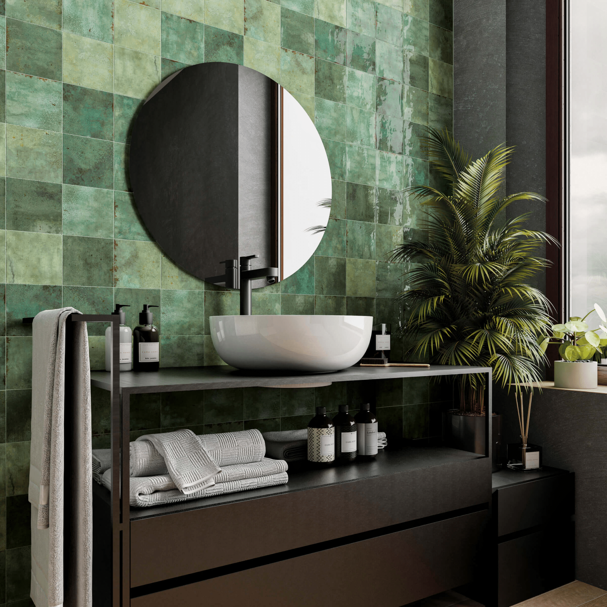Bathroom with variegated green tile backsplash