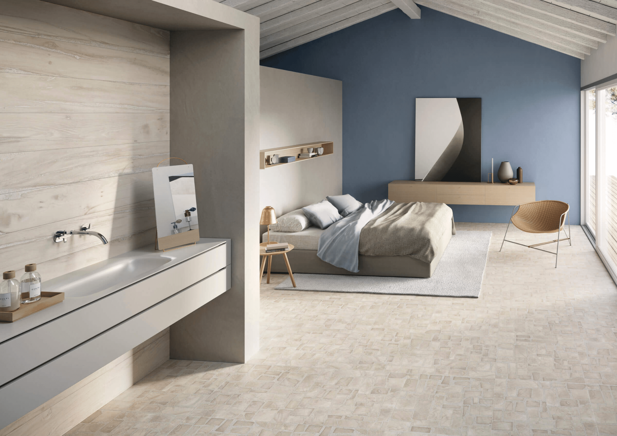 Bedroom with light wood-look tile flooring and walls