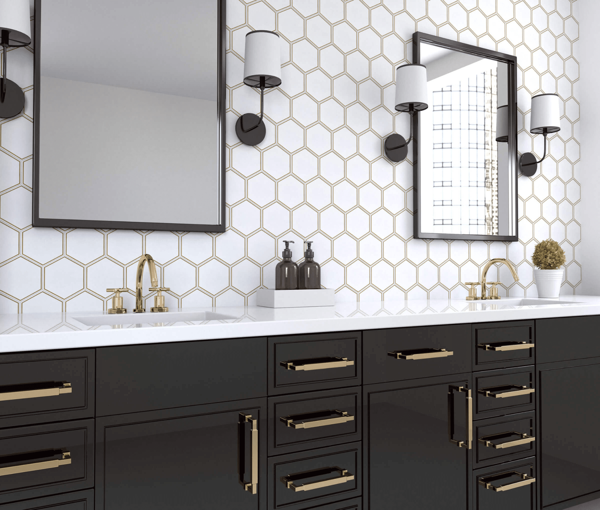 Bathroom with white hexagon tile backsplash