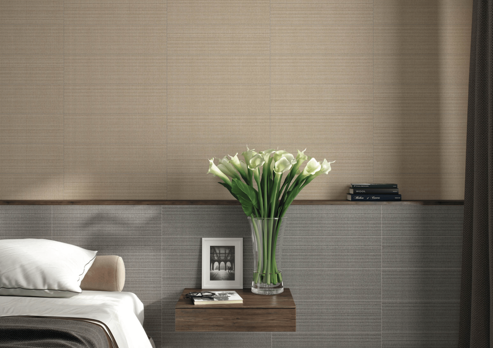 Bedroom with gray and beige textured tile wall