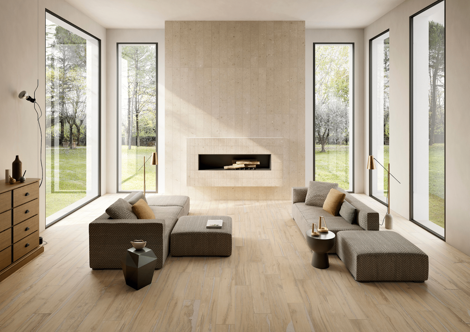 Living room with wood-look tile flooring and stone-look fireplace surround