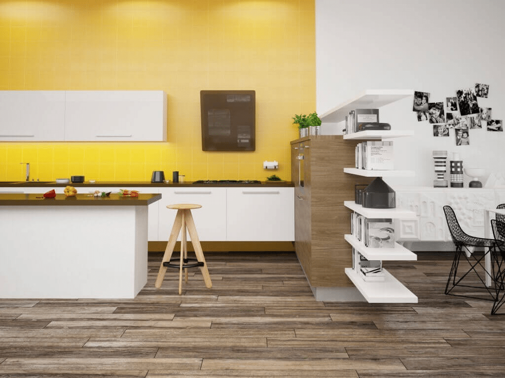 Kitchen with wood-look tile flooring and yellow tile backsplash