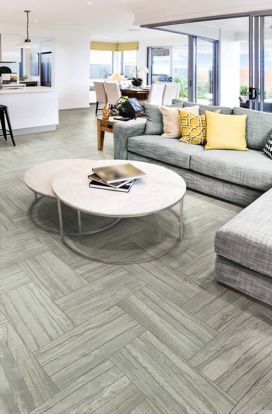 Living room with gray wood-look tile flooring