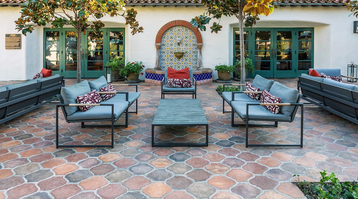 Outdoor area with multicolor arabesque tile flooring