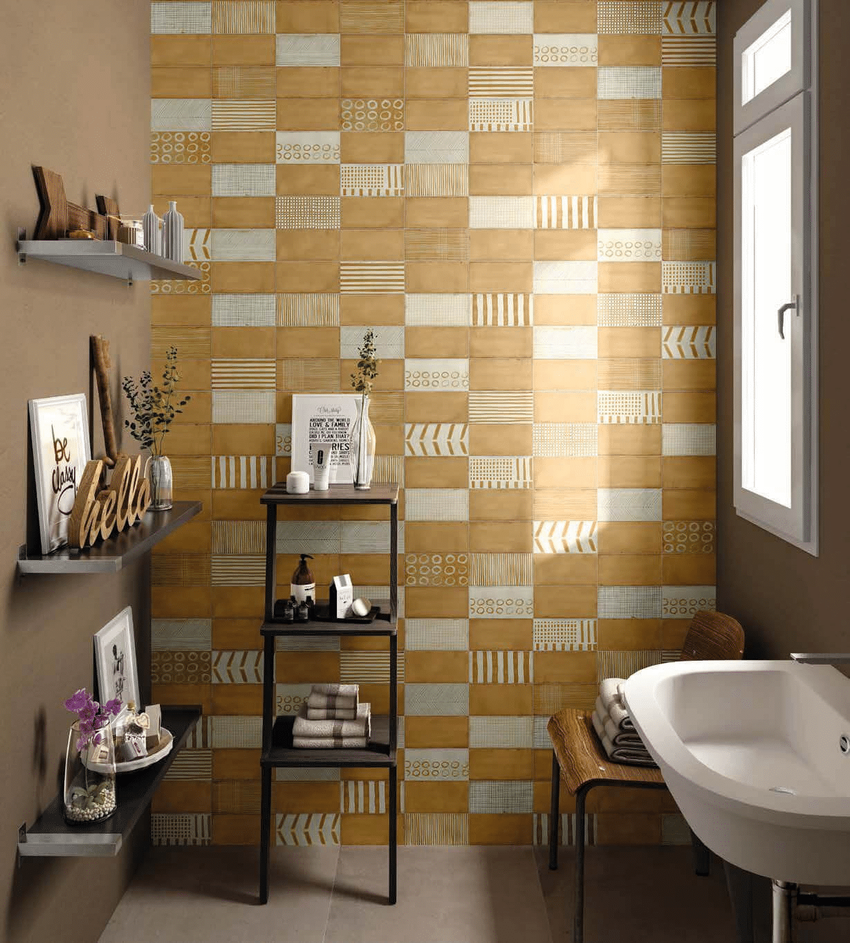 Bathroom with earthy yellow tile feature wall