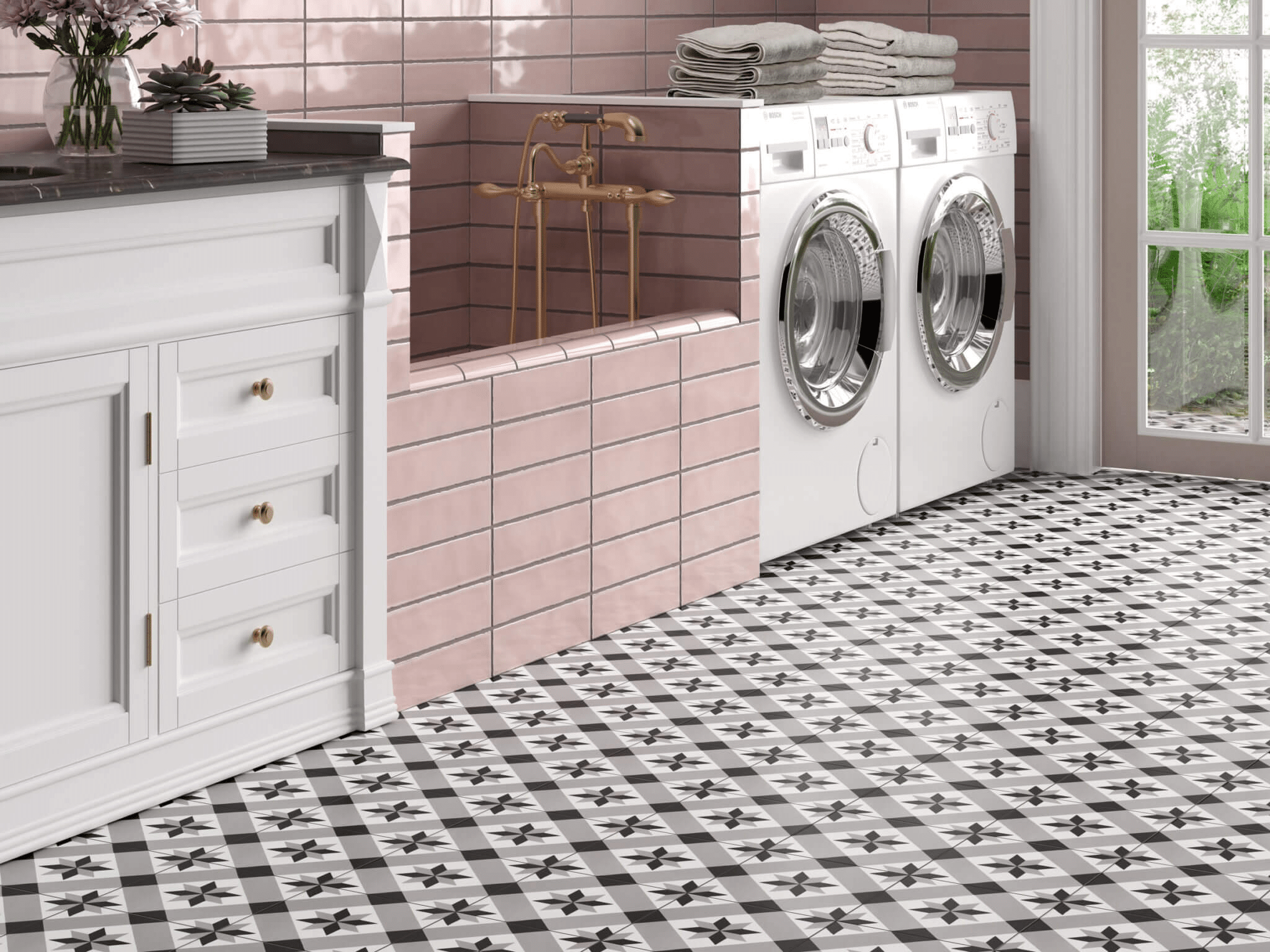 Laundry room with pink tile dog shower and black and white graphic tile flooring