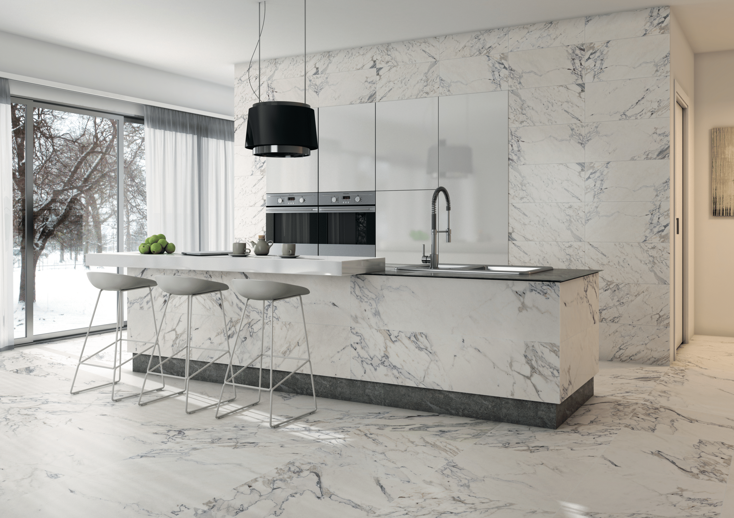 White marble-look tile throughout a kitchen