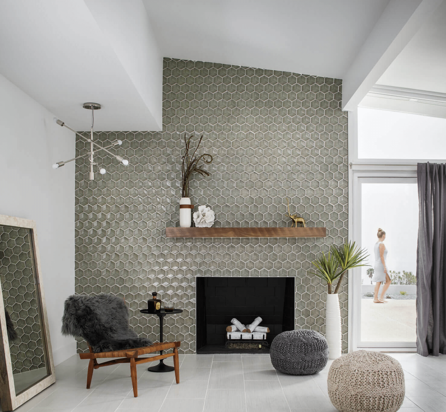 Gray hexagon tile mosaic feature wall / fireplace surround