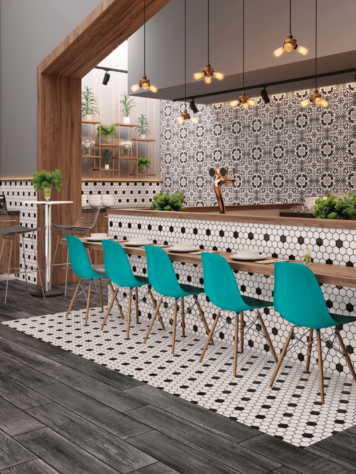 Retro black and white hexagon mosaic tile bar front and flooring