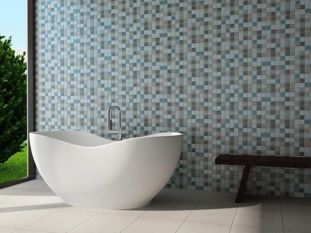 Bathroom wall with a multicolor mosaic tile grid