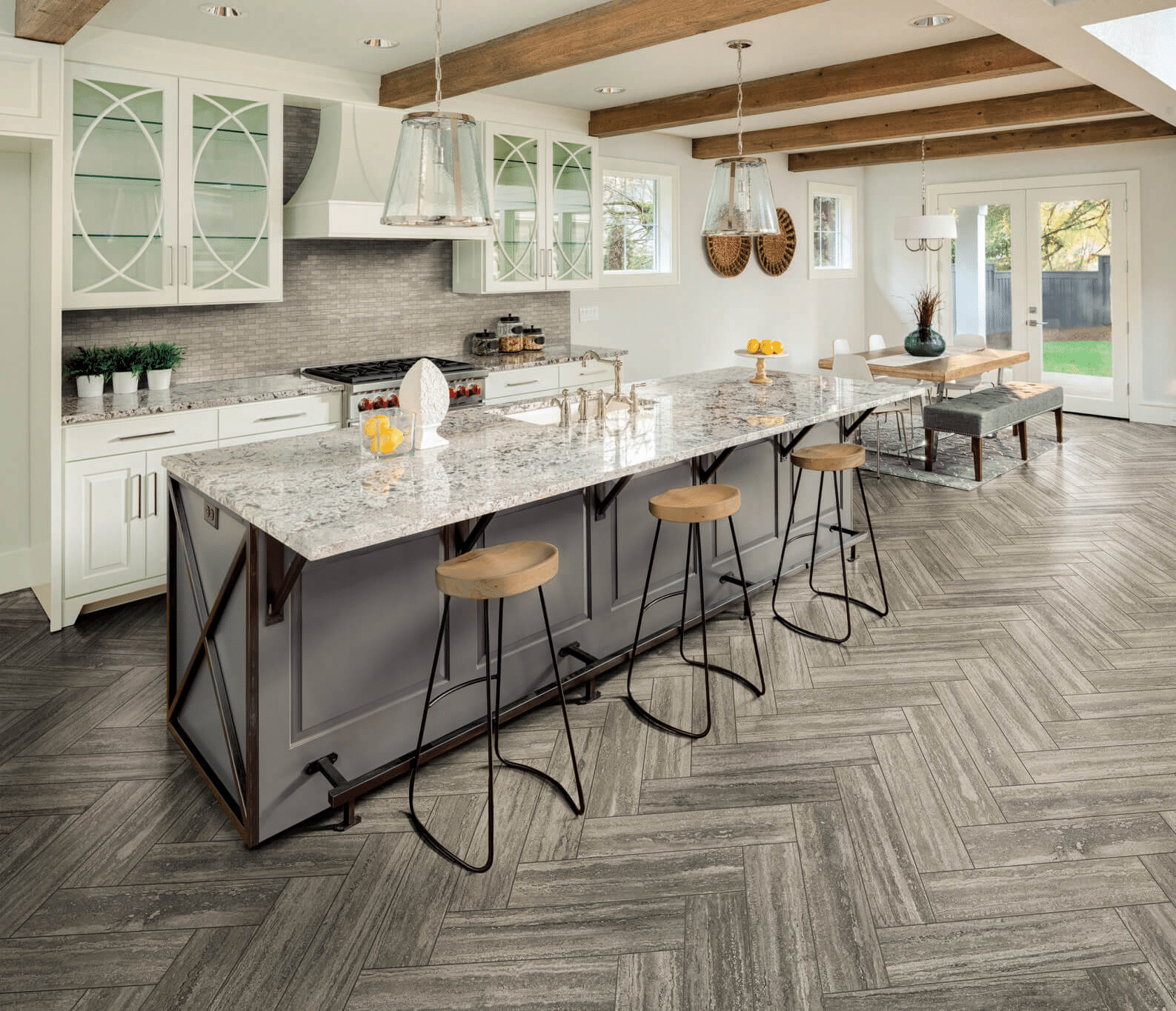 Wood-look mosaic tile kitchen backsplash in a running bond pattern