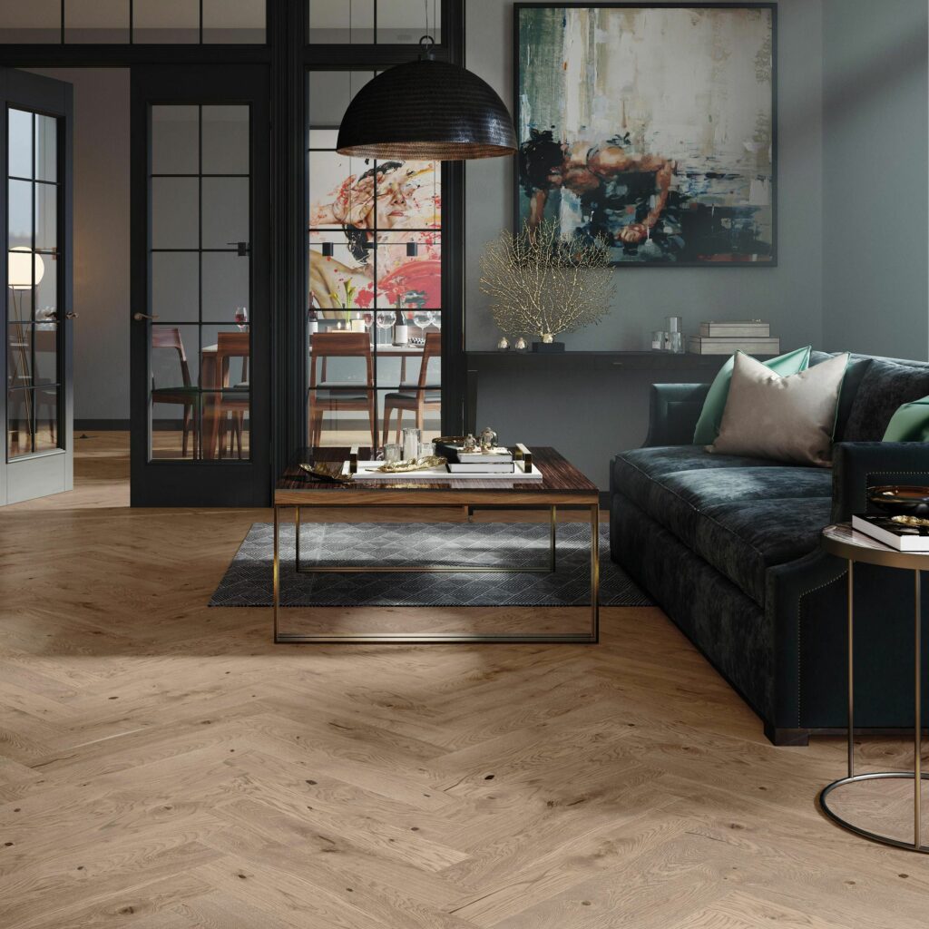 espina dark oak engineered wood flooring, herringbone design