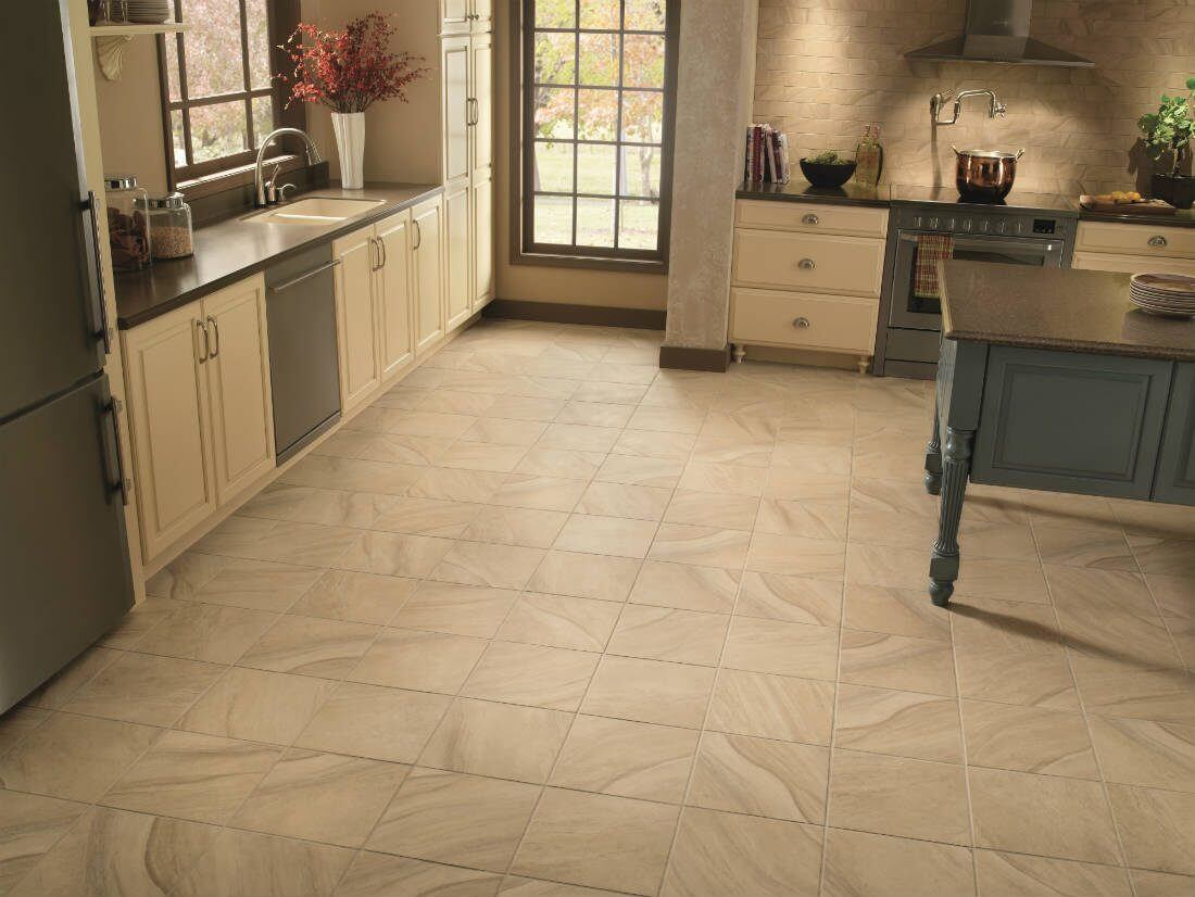 Kitchen with stone-look tile flooring
