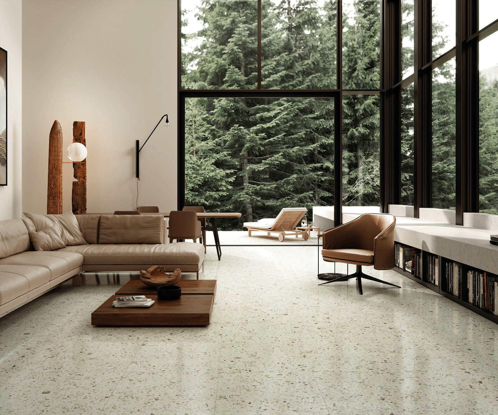 Indoor-outdoor living room with terrazzo-look tile