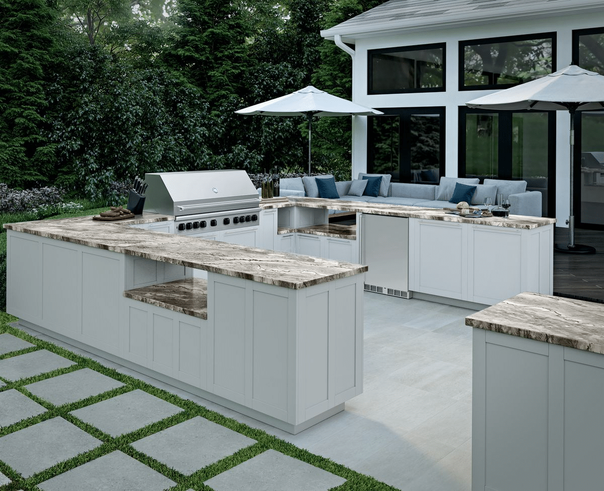 Outdoor kitchen with gauged porcelain tile panel/slab countertops