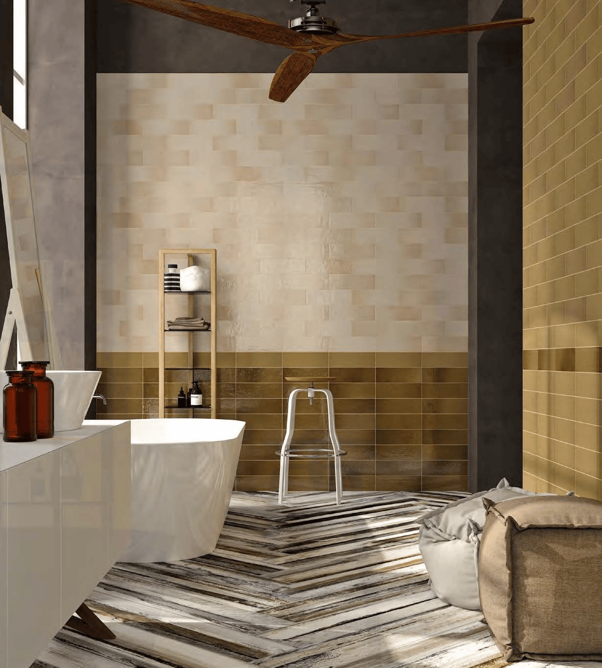 neutral blush tile bathroom wall